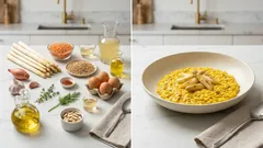 Cremiges Zartweizen-Linsen-Risotto mit weißem Spargel – gekrönt von pochiertem Ei